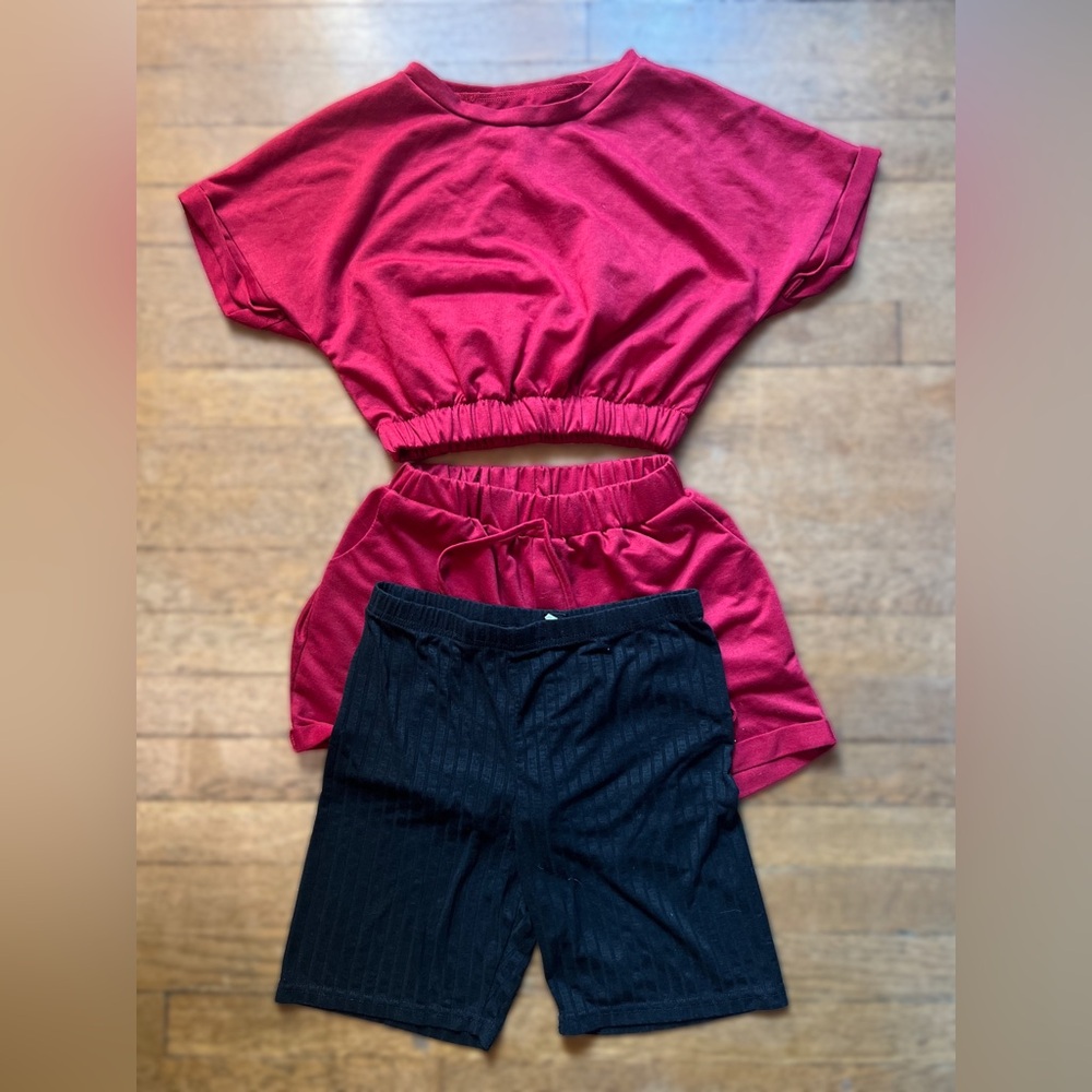 Summer Bundle - Red Crop Top and Shorts Set with Black Ribbed Biker Shorts